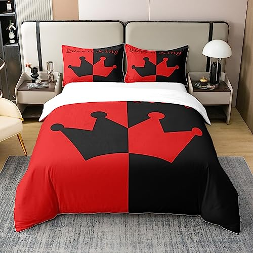 Loussiesd Crown Queen and King 100% Baumwolle Bettwäsche Set 135x200cm His and Her Matching Couple 100% Baumwolle Bettwäsche Set Home Decor Romantischer Valentinstag Schwarz und Rot Bettwäsche-Set