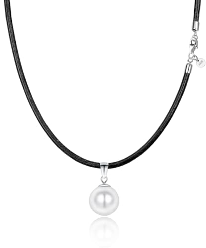 Viwind Perlen Leder Halskette für Damen Echtes Leder 45 cm 925er Silber Verschluss Anhänger Kette 12 mm runde Naturperle Muschelperle (Schwarz)
