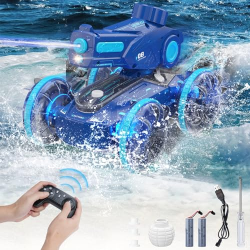 Aceshop Amphibisches Ferngesteuertes Auto, 2.4Ghz Auto Boot-Spielzeug Wasser schießen 4WD Ferngesteuertes mit Licht RC Stunt Auto Speedboat für Wasser/Land Wasser Spielzeug Geschenke für 6 7 8+ Jahre