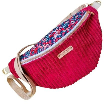 sac banane bandoulière crossbody en velours rose framboise et tissu liberty