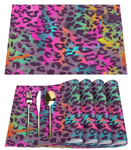 Leopard Print Placemats Fabric Table Mats Set of 4 Colorful Leopard Placemat for Kitchen Dining Table Home Washable Non-Slip Heat Place Mat
