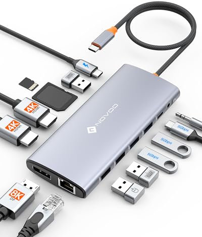 NOVOO USB C Docking Station Triple Display, 14-in-1 USB C to Dual HDMI Adapter with 40cm Cable, Dual 4K@60Hz HDMI, 8K@30Hz DP, 6 USB Ports, SD/TF, 3.5mm Jack, 100W PD, 1Gbps Ethernet for USBC Laptops
