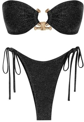 Bikini Badeanzug Damen Solider Badeanzug Für Damen Krawatte Seite Glänzendes Metall Hardware Ring Bandeau Bikini Bademode Gepolsterte BH Top Niedrig Taille S Schwarz