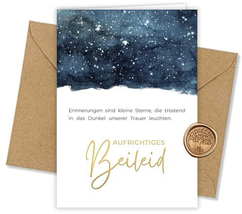 Trauerkarte mit Heißfolienprägung - Inkl. Briefumschlag & Wachssiegel - Hochwertige Kondolenzkarte aus 300g Offsetkarton - Beileidskarte Made in Germany - Sterne