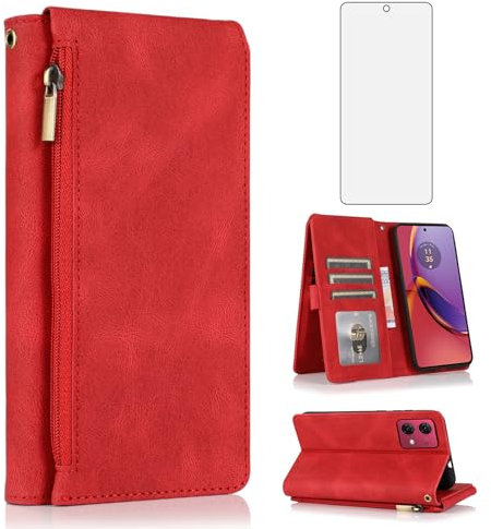 Funda tipo cartera compatible con Motorola Moto G84 5G, protector de pantalla de vidrio templado y cremallera, piel retro, tarjetero, soporte para celular, accesorios para G 84 2023 XT2347-1 XT2347-2,