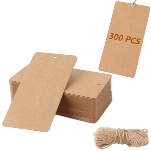 LDXDRU 300 Stück Geschenkanhänger Groß 12X6CM, Braun Kraftpapier Etiketten Tags und 60 Meter Juteschnur, 300GSM Packpapier Geschenk für Basteln Weihnachts Hochzeits Geschenke