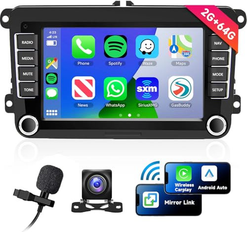 2G+64G Autoradio Android 13 per VW Golf 5 6 Passat Jetta Caddy EOS T5 Tiguan Touran CC Polo con Carplay Android Auto Wireless, 7'' Touch Screen Bluetooth Stereo Auto GPS WiFi FM RDS HiFi Retrocamera