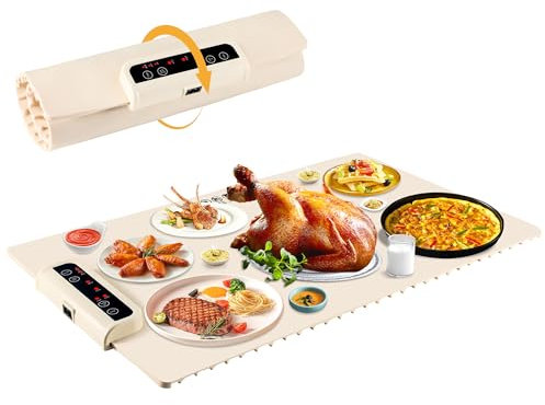 Food Warming Mat-Foldable Electric Warming Mat for Food Sillicon Food Warmer with Adjustable Temperature Control Time Moders Locking Function Warming Tray for Buffet,Party Beige
