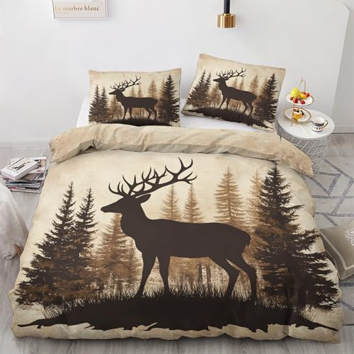 Hirsch Deko - Hirsch Bettwäsche 200x220 Winter, Wald Hirschmotiv Wildtiere Bettbezug 3teilig mit 2 Kissenbezug 80x80, Weiche Mikrofaser Winterbettwäsche mit Reißverschluss Y#&90