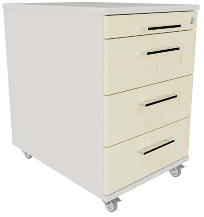 EIGENTLICH Rollcontainer 60 cm tief, 3 Schubladen und Materialauszug, Rollwagen B43xT60xH65 cm abschließbar, Schreibtischunterschrank versch. Farben (Korpus Lichtgrau, Front Ahorn)