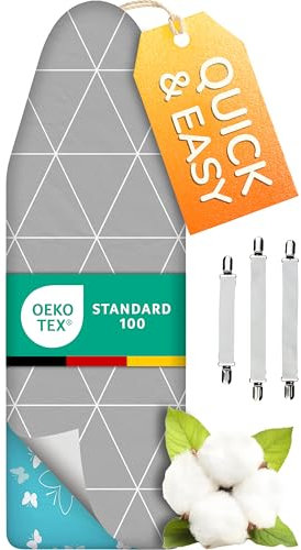 Housse de Planche à Repasser Turbo Super Douce 5 Couches 120 x 45 cm, vainqueur de comparaison en Allemagne, Rembourrage en Coton Öko-Tex, Plus Rapide avec réflexion Thermique, 5 Tailles, EasyFit +