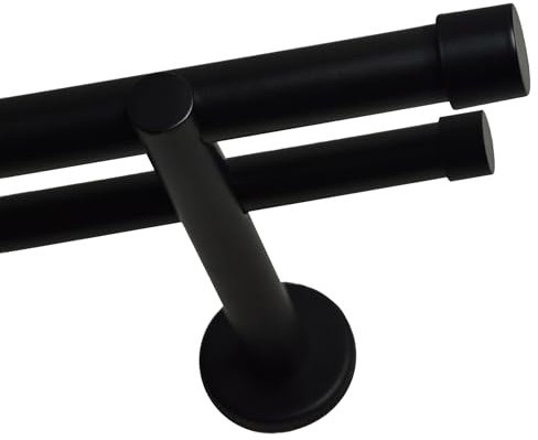 Voppi Doppel Gardinenstange schwarz mit Endkappen 140cm 19mm Wand befestigend Stahl kurz für Gardinenstangen Vorhang modern elegant