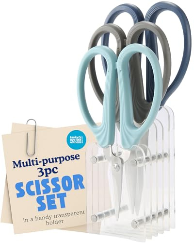 Taylors Eye Witness Multi-Purpose 3 Piece Scissor Set - Stainless Steel, Light Blue, Dark Blue & Grey Handles, Acrylic Stand