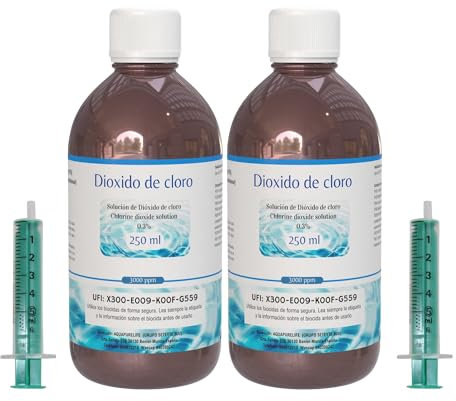 Genérico Dióxido de Cloro 3000 ppm - CDS | CDL - Envasado en Botella de Cristal Ámbar - 2 Botellas 250ml = 500ml - Compra Ahorro - Fabricado en España