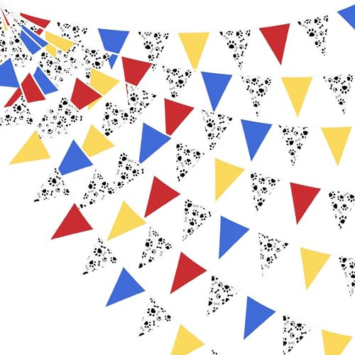 32Ft Red Blue Yellow Puppy Paw Print Fabric Bunting Banner Dog Paw Party Decorations Triangle Flag Pennant Garland Streamers for Kids Dog Paw Birthday Baby Shower Blue Dog Party Outdoor Garden Decor