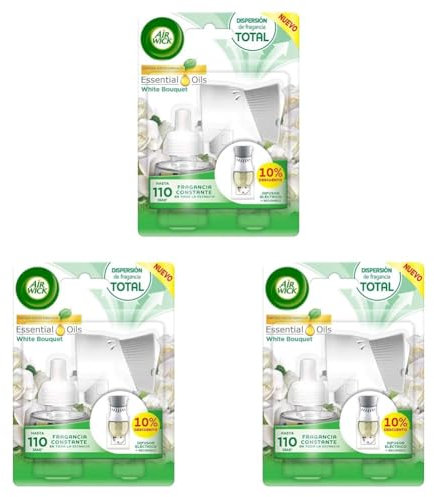 Air Wick Eléctrico Aparato y recambio de ambientador automático eléctrico, esencia para casa con aroma a White Bouquet - 1 Aparato y 1 Recambio, Embalaje puede variar (Paquete de 3)