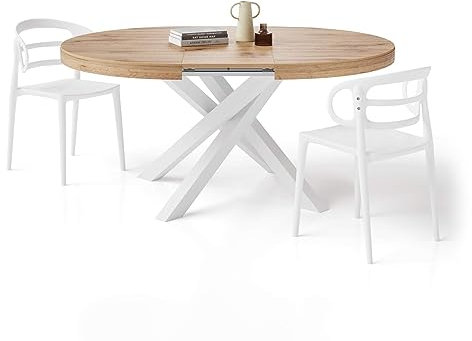 Esstisch, rund, ausziehbar, 120 x 160 cm, rustikales Eichen-Finish, weiß, gekreuzte Beine, italienisches Design