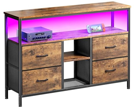 Ravas Mobile TV basso per TV da 60 pollici e piccoli televisori, con LED che cambiano colore da 108 cm, con 4 cassetti, tavolo TV, mobile TV con spazio aperto per soggiorno, camera da letto