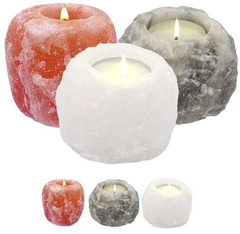 3er-Pack Kerzenhalter aus Himalaya-Salz, Teelichthalter, Rosa, Weiß, Grau, Himalaya-Kristall, Steinsalzlampe, Teelicht-Kerzenset, heilende ionisierende Teelichter (Grau+Weiß+Rosa, 3 Stück)