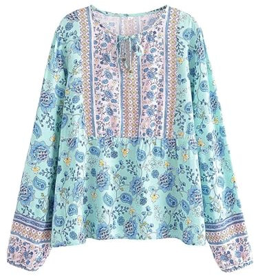 Chemisier bohème à manches longues et col en V pour femme - Imprimé floral rose - Manches longues - Rayonne, bleu, M