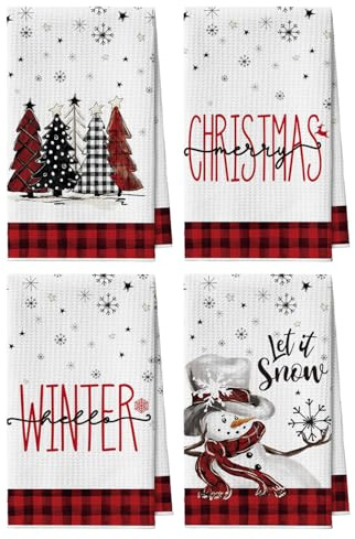 Artoid Mode Rot Schwarz Büffelkaro Schneemann Bäume Bar Weihnachten Küchentücher Geschirrtücher, 42x65 cm Mikrofaser Saugfähig Küchen Deko 4er Set
