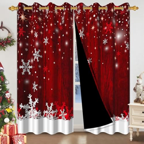 Uiiooazy Gardinen Weihnachten, Gardinen Blickdicht Winter Burgunder Holzbrett Rustikal Rot Weiß Schneeflocke Thermogardinen mit Ösen Vorhänge für Schlafzimmer Wohnzimmer Küche, 2er Set, 140x245cm