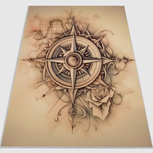Kaffeebraun Kurzflor Wohnzimmer Teppich 120 x 180 cm, Retro Maritime Geometrische Rosen Küchenteppich Waschbar & rutschfest Teppich für Wohnzimmer Schlafzimmer Kinderzimmer Esszimmer Büro