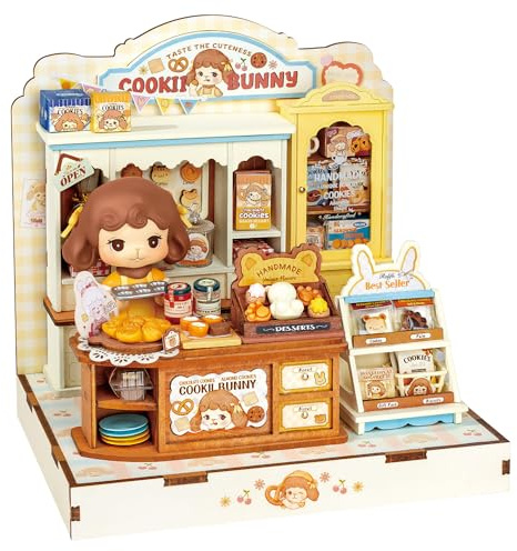 Rolife Miniatur Haus Cookii Hase’s Keks-Laden, 182-teiliges Mini Haus Selber Bauen Bastelset Erwachsene für Jugendliche Kein Kleber erforderlich, Puppenhaus Tiny House Bausatz 3D Puzzle Book Nook