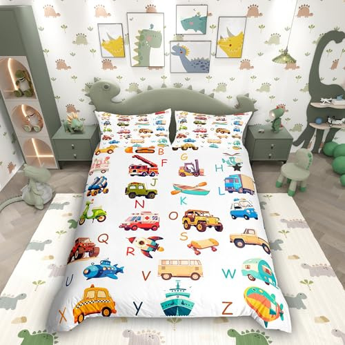 HomemissingCartoon Auto Bettwäsche Set 135x200cm ABC-Alphabet Auto Bettbezug mit Reißverschluss für Kinder Jungen Mädchen mit 1 Kissenbezug Netter Dekor Bettwäsche-Set