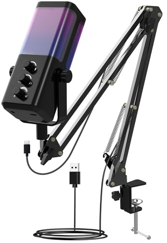 Nuoxiange USB Gaming Microphone with Boom Arm - Professional RGB Condenser Mic for PC/PS5 - Triple-Knob Control (Mic Gain, Headphone Vol, Monitor Mix) - Zero Latency Streaming Kit
