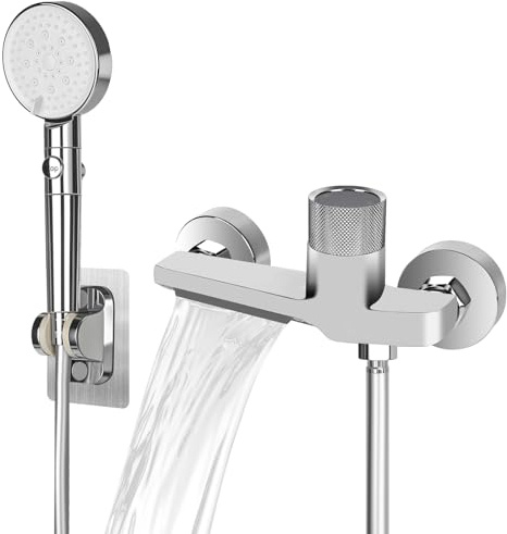 CTDMJ Badewannenarmatur mit Handbrause, Wasserfall Wasserhahn Badewanne, Messing Mischbatterie Badewanne mit Dusche /1.5m PVC Schlauch/5 Funktionen/Wandmontage Duscharmatur für Dusche und Wanne