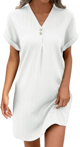 Générique Robe Lin Coton Femme Ete Chic Elegant Tunique Robe Manches Courtes Ample Casuel Couleur Unie Robes avec Boutons Col V Robes De Plage Grandes Tailles Dress pour FêTe Vacances S-4XL