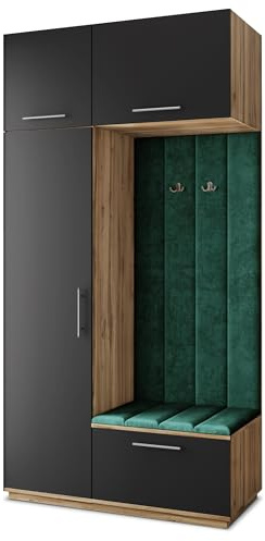 Masseno Flugarderoben Set Rema, Kleiderschrank-Set mit Sitzbank, Garderobenschrank Flur mit 5 Regalböden, Eiche Wotan/Schwarz