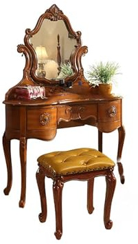 KIBONCY Stilvoller Schminktisch aus massivem Holz, Vintage-Schminktisch mit Stauraum for das Schlafzimmer, handgeschnitzte kleine Make-up-Station, kompakter Schreibtisch for Heimbüro