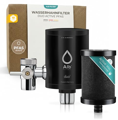 Alb Filter DUO ACTIVE PFAS Wasserfilter Wasserhahn Edelstahl Schwarz | PFAS- & Schadstoffreduktion, Aktivkohle Trinkwasserfilter Küche, schnelle Montage am Hahn, Made in Germany