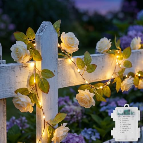 Ninonly Catena Luminosa Rose, 2,2 m 40 LED Fiori Artificiali Bianco, 8 Modalità Edera Finta Catena Luci a Batteria, Decorazione Primaverile per Interni Matrimoni Balcone Esterni Feste