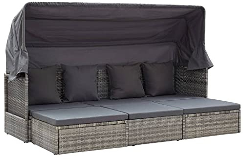 Molumvel Garten-Sonneninsel mit Dach, Lounge Set aus Poly-Rattan, Tagesbett für Terrasse Garten Pool, Verstellbarer Tisch, inklusive Kissen Grau