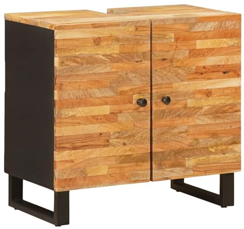 Pyvara Meuble de lavabo en bois massif naturel de mangue, 62 x 33 x 58 cm, avec espace de rangement et pieds en métal, armoire de salle de bain moderne pour invités WC et salle de bain, ensemble de