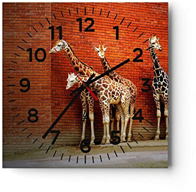 Modern Wanduhr Tiere Giraffen Zoo Familie 30x30cm Quadrat Klein Wand Uhr Glas Analog Zimmeruhren Küche Büro Wohnzimmer Glasuhr Wall Clock Dekoration Design Wanddekoration Küchenuhr C4AC30x30-2643