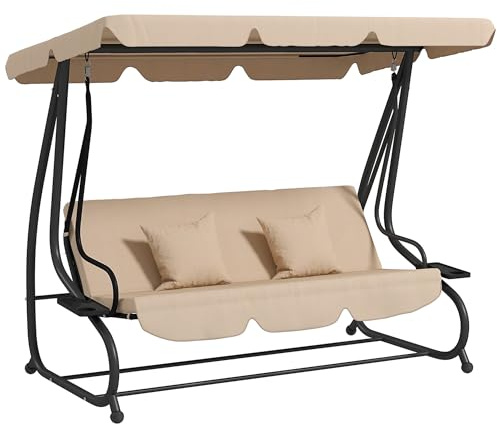 Outsunny Balancín de Jardín Exterior de 3 Plazas Columpio de Jardín Exterior Convertible en Cama 2 en 1 con Toldo Ajustable Soportes Laterales y 2 Almohadas Carga 340 kg 200x120x164 cm Arena