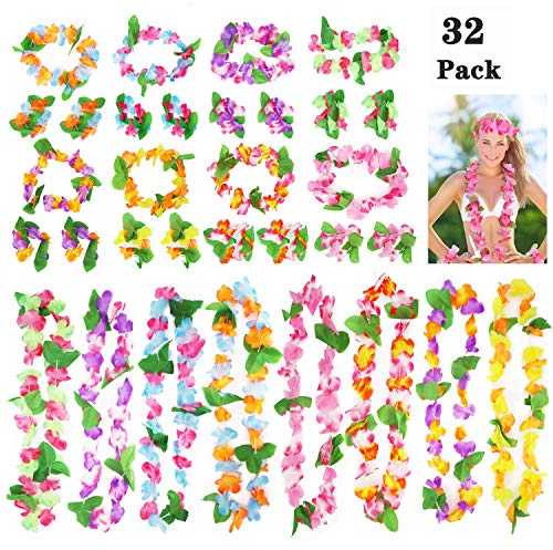 Annhao 32 Pezzi Ghirlanda Hawaiana Leis Luau con 16 bracciali 8 Fasce e 8 collane per Hawaiian Decorazioni per Vacanze Matrimoni spiagge Decorazioni di Compleanno Festa Carnevale Festival