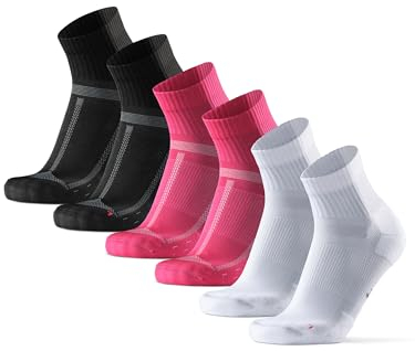 DANISH ENDURANCE Quarter Laufsocken, 3 Paar Knöchelhohe Sportsocken, Leichte Kompression, Atmungsaktiv & Gepolstert, Schweißableitend, Unisex, für Damen & Herren, 1 Schwarz, 1 Rosa, 1 Weiß, 43-47