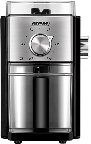 MPM MMK-08 Kaffeemühle Backform, Edelstahl-Gläne, Pulsweise, 17-stufige Einstellung Weichmahlstärke, Mahlleistung 80 g/min, Gehäuse aus Rost- und Schwarz, 150W