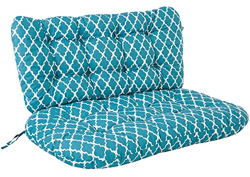 PATIO Gartenbank Auflage mit Rückenteil 95 cm Marocco Polster für Rattan Sofa Rattangarnitur mit Schnüren blau weiß