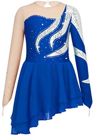 TiaoBug Mädchen Eiskunstlauf Kleid Langarm Tanzkleid Mesh Patchwork Strassstein Turnanzug mit Tutu Röckchen Dunkelblau C 146-152