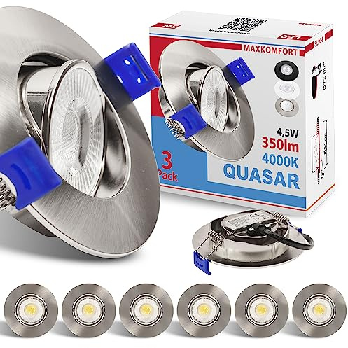 Maxkomfort 6er Set LED Einbaustrahler Edelstahl gebürstet - Schwenkbar & Ultraflach, Neutralweiß 4000K, Deckenspots IP20, Einbauspots Ø90mm