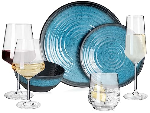 Melamin Camping Geschirr Set 4 Personen Stone Blue + 16 Milano Gläser Wassergläser Weingläser Champagner-Gläser Flûtes Tafelgeschirr Picknick BBQ Kochgeschirr