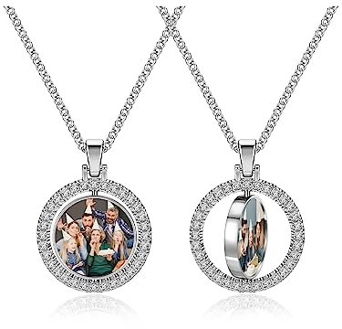 PiercingJak Personalized Custom Necklace with 2 Picture Rotating Double Sided Colorful Photo Necklace Full Color Engraved Photo Chain Memorial Gifts for Family Lover