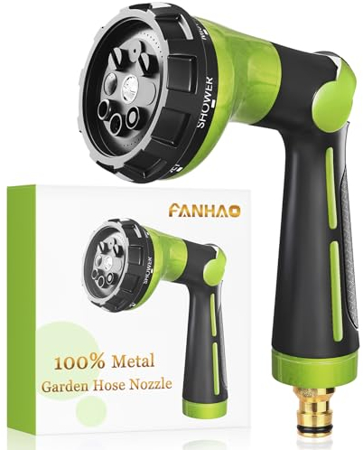 FANHAO Hose Pipe Spray Gun Heavy Duty,100% Metal Garden Hose Gun with 8 Spray Patterns,High Pressure Hose Nozzle Thumb Control On Off Valve for Lawn & Plant Watering,Car & Pet Washing - Green