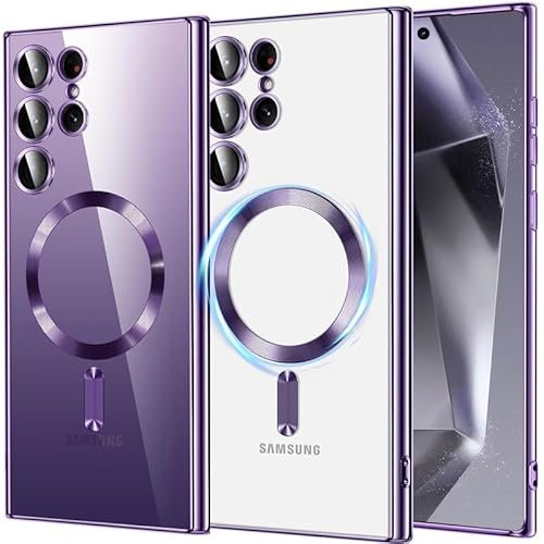 FAOMSEBS Cover Magnetica per Samsung S24 Ultra, Compatibile con MagSafe [Con Protettore per Lenti Fotocamera] Custodia Morbida Antiurto Robusto per Samsung Galaxy S24 Ultra 6,8'', Viola Trasparente